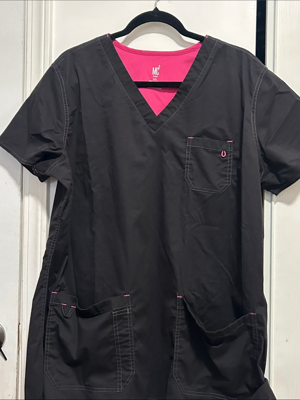 Smart Scrubs Women’s V-Neck Black Top with Pink Trim